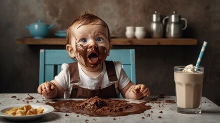 A baby sits at a table happily with chocolate on his face