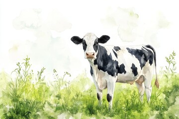 Wall Mural - Serene Black and White Cow in a Green Meadow Watercolor Illustration for Agricultural and Dairy Projects