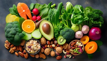 Colorful keto-friendly spread featuring low-carb vegetables, fresh greens, nutritious fruits, and nuts promoting healthy ketogenic lifestyle options