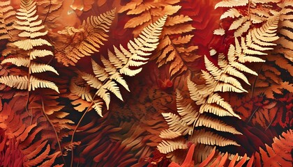 Carmine Textured Background with Artistic Filigree and Vibrant Red Ferns