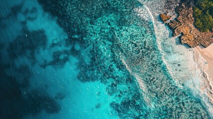 Canvas Print - Aerial View of Turquoise Ocean Waves Crashing on a Sandy Beach