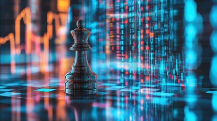 Poster - A single black queen chess piece stands on a reflective chessboard with glowing blue and red digital code in the background.