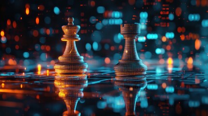 Poster - Close up of a king and rook chess piece in a digital setting with bright orange and blue lights.