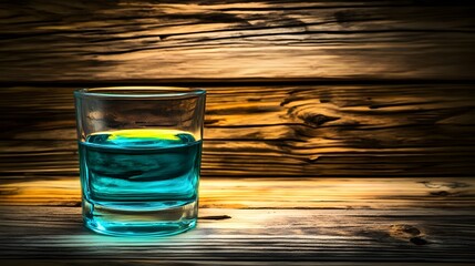 Transparent glass filled with blue liquid and a lemon slice on a wooden background.