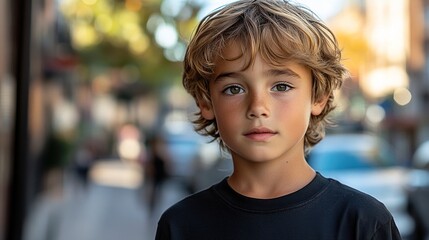 Young boy in a black T-shirt poses on a city street.