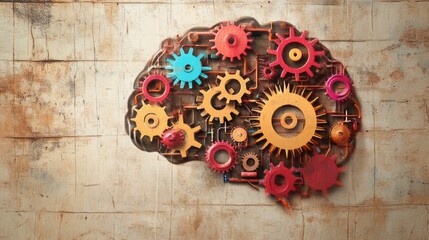 Aufkleber - An artistic representation of a brain made up of colorful gears and circuits, symbolizing creativity and the connection between technology and thought processes.