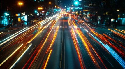 Aufkleber - An artistic shot of light trails from cars on a busy city street at night, capturing the motion and vibrancy of urban life after dark.