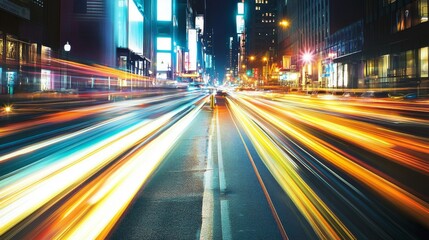 Aufkleber - An artistic shot of light trails from cars on a busy city street at night, capturing the motion and vibrancy of urban life after dark.