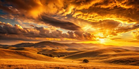 Golden hills landscape under a dramatic orange sunset sky , golden, hills, landscape, dramatic, orange, sunset, sky, nature