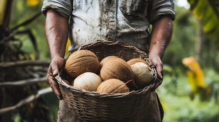 Wall Mural - Hands Holding Basket of Fresh Tropical Coconuts in Lush Garden