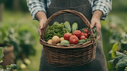 Wall Mural - Hands Holding Basket Full of Fresh Organic Vegetables Harvested from Farm Field