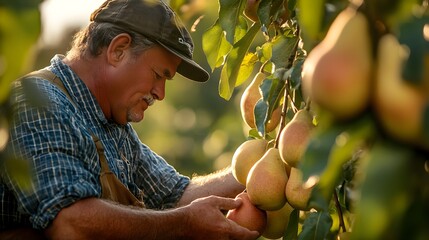 Wall Mural - Farmer Harvesting Pears in Orchard with Fall Foliage