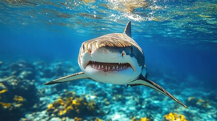 A shark opens its mouth in a threatening pose, swimming in blue ocean waters.