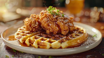 Wall Mural - Fried chicken and waffles with maple syrup