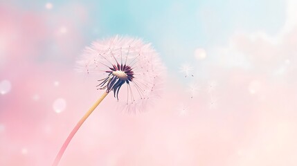 Canvas Print - A dandelion seed head with its seeds blowing away in the wind, against a soft, pastel background.