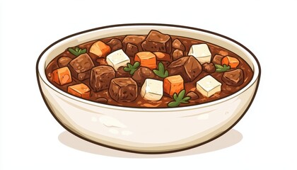 Wall Mural - A hearty bowl of stew featuring chunks of meat, vegetables, and spices, garnished with fresh herbs.