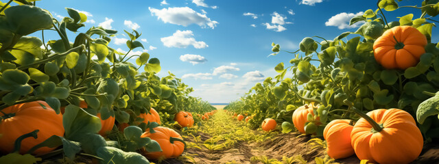 Wall Mural - Watercolor illustration with pumpkins field in autumn. Halloween time