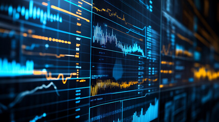 Charming background with economic simulations and data visualizations on a modern digital display