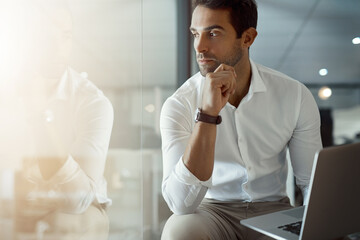 Canvas Print - Laptop, vision and business man thinking, brainstorming idea or insight for sales growth. Serious, computer and planning, problem solving or reflection for solution or mindset on glass wall in office