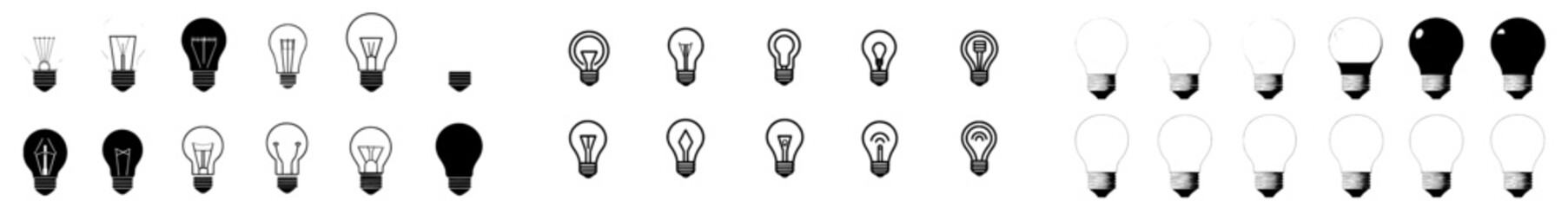 Lamp icon set. Idea lamp icon collection. Bulb icon set design. Electronics light bulb. Monochrome icon set.