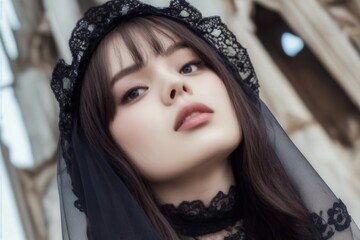 A young woman in elegant dark attire gazes thoughtfully, showcasing a blend of modern and gothic fashion against a textured backdrop.