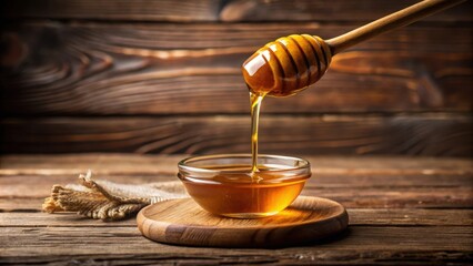 Honey dripping from a dipper on a rustic wooden surface, honey, dipper, sweet, sticky, organic, golden, food, natural, dripping