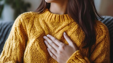 Close-up of a woman in a cozy yellow sweater, hands on chest in a relaxed atmosphere.