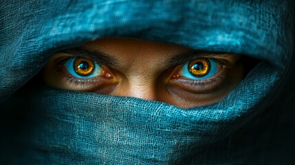 Canvas Print - A person with blue eyes and a blue scarf covering their face