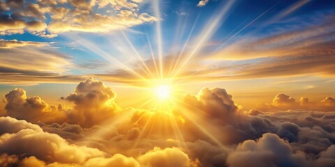 Wall Mural - Flying through a picturesque sunny cloudscape with soft golden clouds and glowing sunshine rays, sunny, cloudscape
