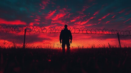 A man stands in front of a fence in a field with a red sky