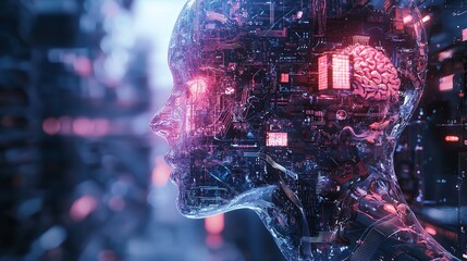 Close up of a futuristic helmet with glowing orange eye, reflecting advanced interface graphics amidst a starry backdrop, artificial intelligence AI