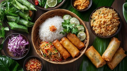 Wall Mural - An overhead view of a traditional Thai meal featuring alongside spring rolls and fried rice, showcasing the rich variety of flavors and textures.