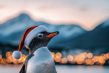 Stylish Penguin Wearing Santa Hat in Scenic Background