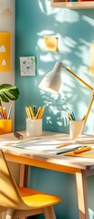 Poster - Cozy Home Office Desk with Yellow and Teal Decor.