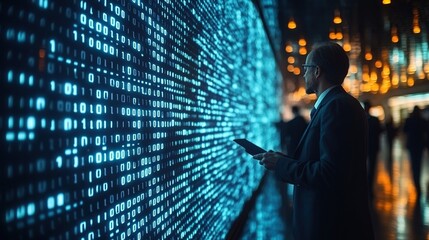 Business people silhouettes against a blue binary code backdrop, focused on a presentation.