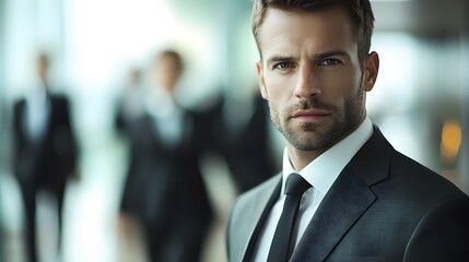 Poster - Businessman in tailored suit with black tie and white shirt, set in a corporate environment with blurred colleagues, emphasizing professional attire and sharp detail focus.