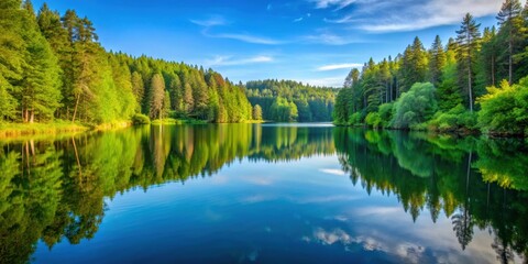 Wall Mural - A tranquil lake nestled amidst a dense forest , serene, peaceful, nature, reflection, trees, water, foliage, greenery