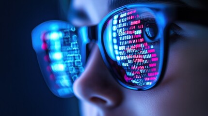 Poster - a close-up of a person's eye with binary code reflected in their glasses.