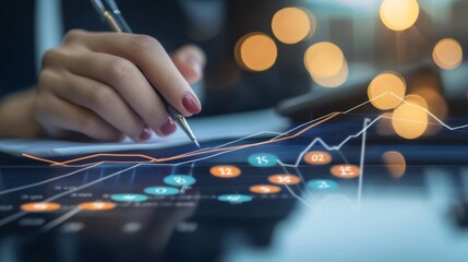 Poster - Business Financing Accounting Banking Concept, Businesswoman doing finances and calculating financial report with business graph growth chart, finance and investment, business analysis concept