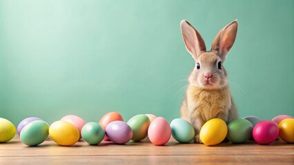 Colorful Easter celebration with bunny and eggs on pastel background, copyspace available, Easter, celebration, colorful, bunny