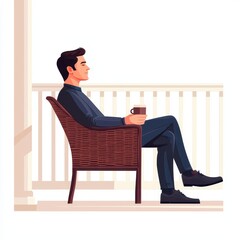 A person with a cup of coffee, sitting in a wicker chair on the front porch, casual scene, vector illustration, soft colors, isolated on white background