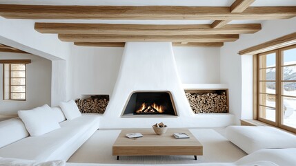 Wall Mural - This inviting living room showcases a wooden stove and a fireplace, complemented by wood-stained furniture and warm natural light enhancing the serene atmosphere