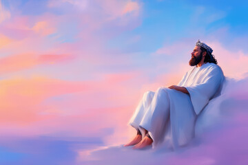 A bearded figure, symbolizing the King of Heavens, sits peacefully among the clouds in a pastel sky, representing divine authority, peace, and serenity.