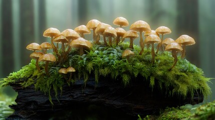 Canvas Print - Mushrooms Growing on Mossy Log in Forest