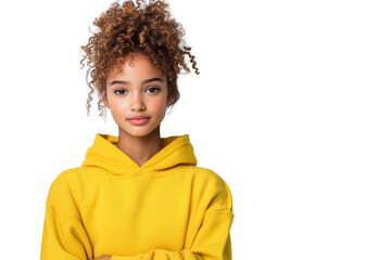 Wall Mural - A young woman with curly hair is wearing a yellow hoodie