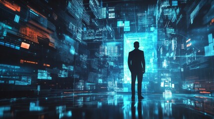 Aufkleber - Businessman presenting futuristic business world metaverse graphic. In the form of innovation in digital business processing technology, innovation of the 21st century