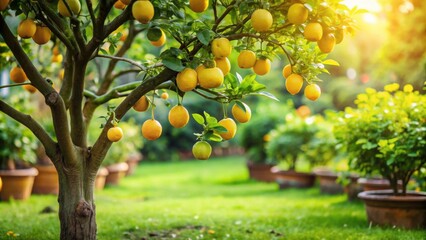 Organic lemon tree in a lush garden setting, organic, lemon, tree, garden, fresh, citrus, yellow, foliage, environment