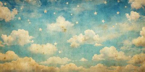 Wall Mural - Retro sky pattern on vintage paper with clouds and stars, retro, sky, pattern, vintage, paper, clouds, stars, old