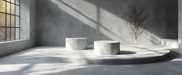 Canvas Print - Minimalist concrete studio interior with two podiums, sunlight and a vase of branches.