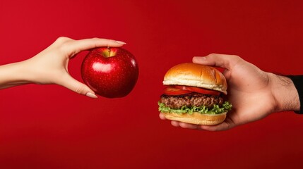 Female hand holding apple and burger on red background, showing healthy food versus fatty hamburger or fast food bun. Concept with space for text in the center.